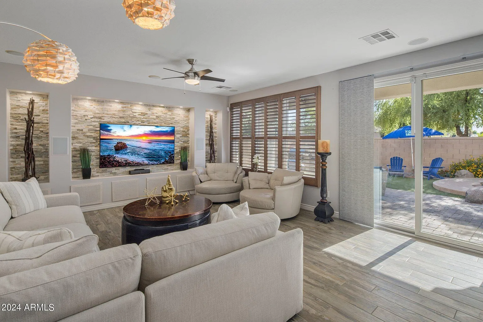 Modern staged living room with elegant furniture and decor